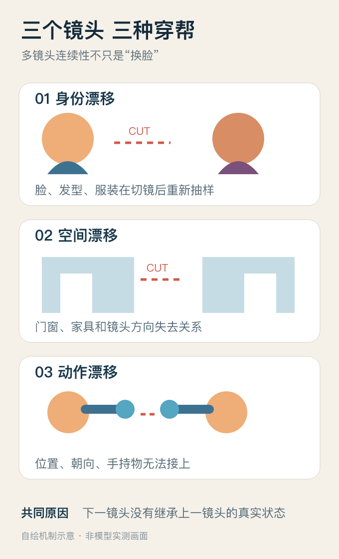 身份漂移、空间漂移和动作漂移三类连续性错误